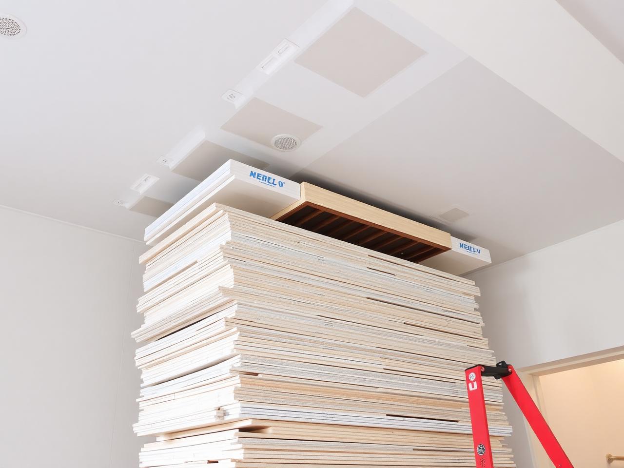 Drywall sheets ready to be installed on a ceiling during a drywall installation project